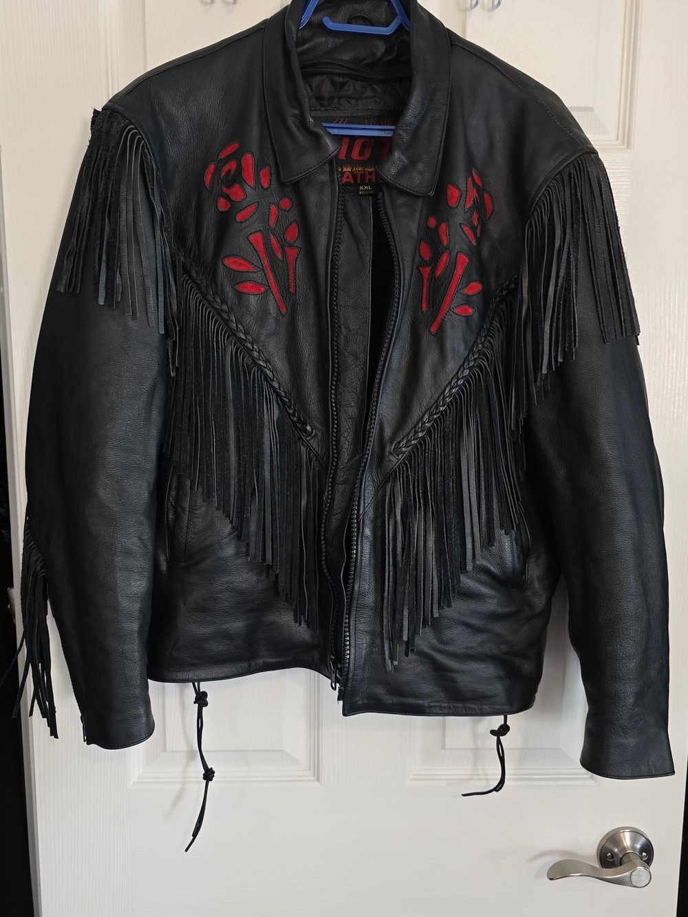 Women's Black Leather Fringe Jacket with Red Accent
